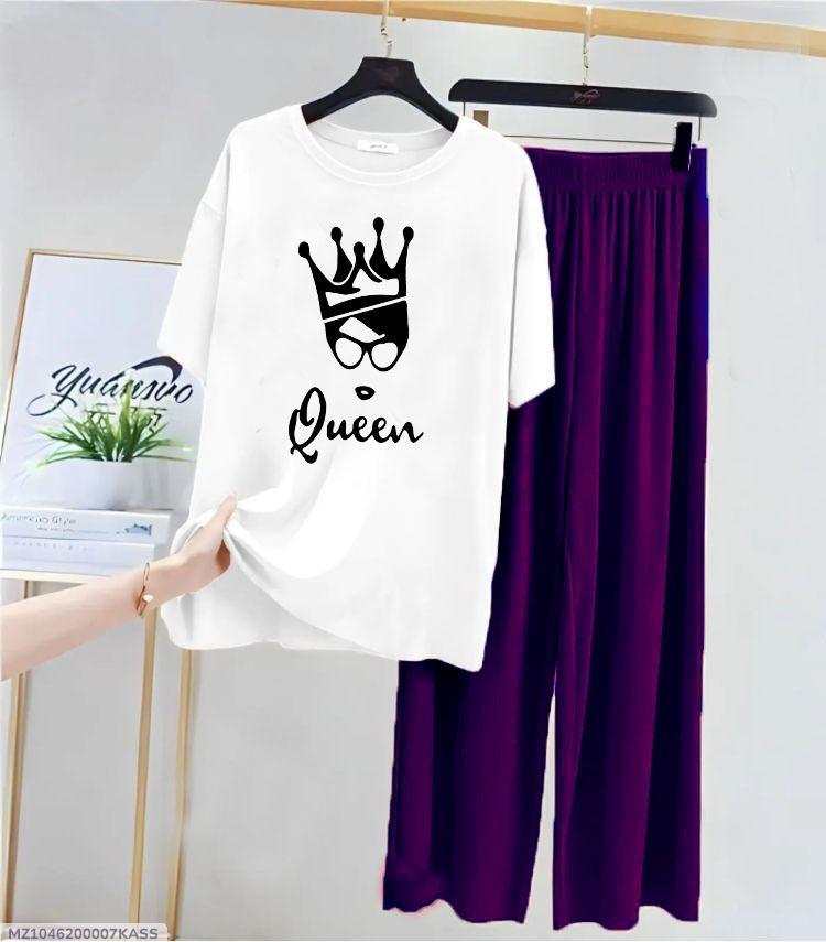 Women Printed Night Suit White Queen Crown T-Shirt & Purple Trouser Set