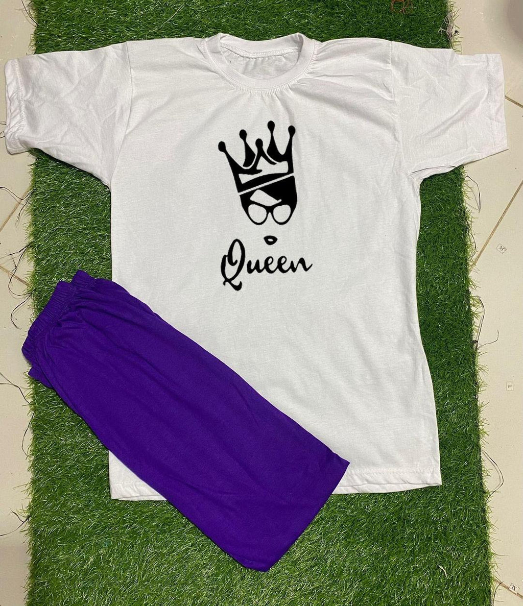 Women Printed Night Suit White Queen Crown T-Shirt & Purple Trouser Set