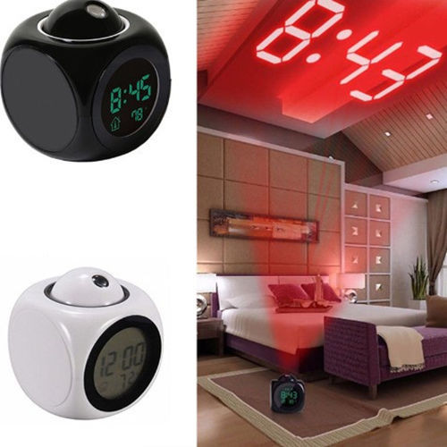White Projector Alarm Clock with LED Display and Voice Report