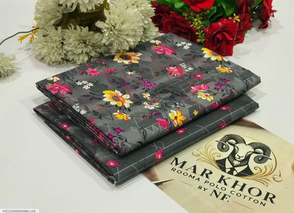 Premium Quality Floral Polo Cotton Suit Grey 2.5 Gazz