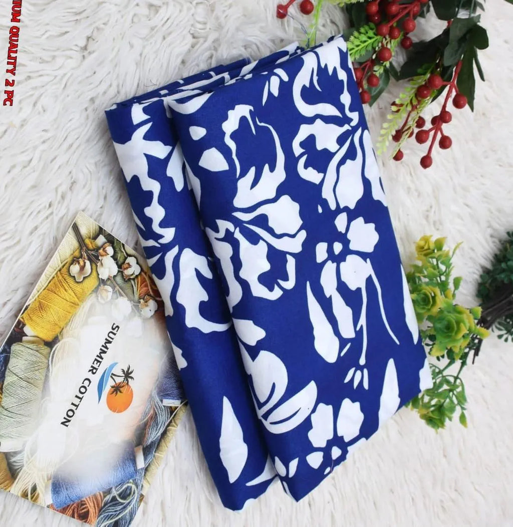 Blue Floral Printed 2Pc Unstitched Suit for Men