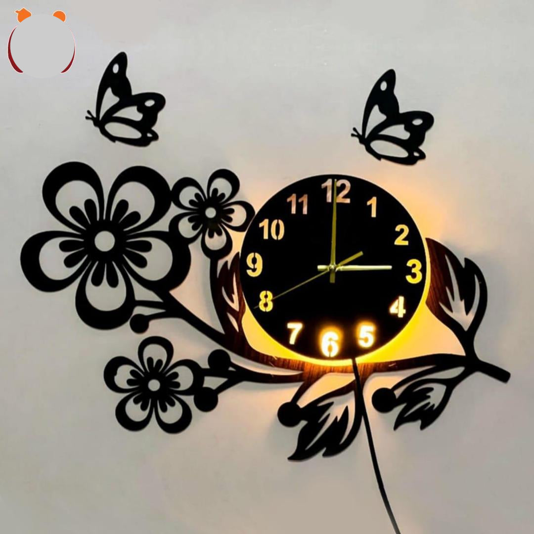 3D Flower Wooden Wall Clock With LED Light
