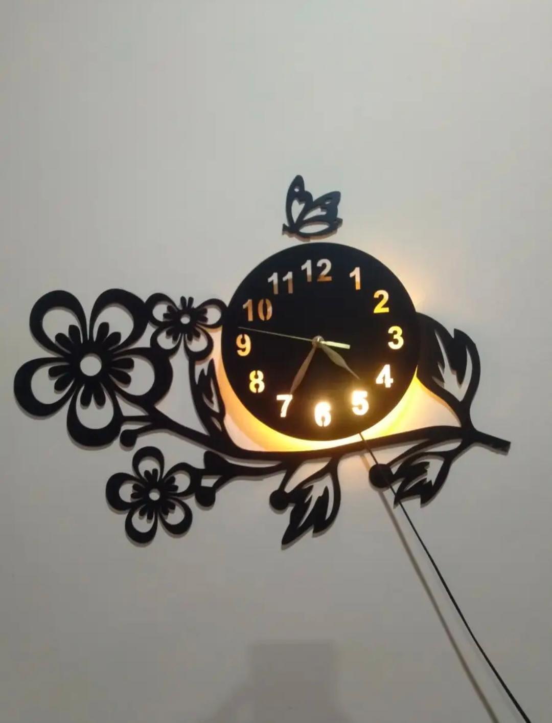 3D Flower Wooden Wall Clock With LED Light