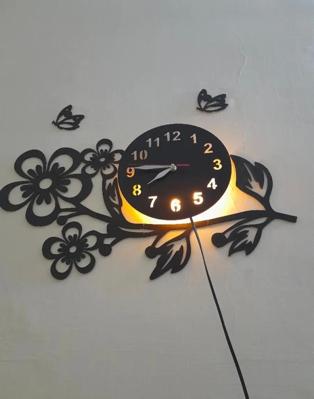 3D Flower Wooden Wall Clock With LED Light