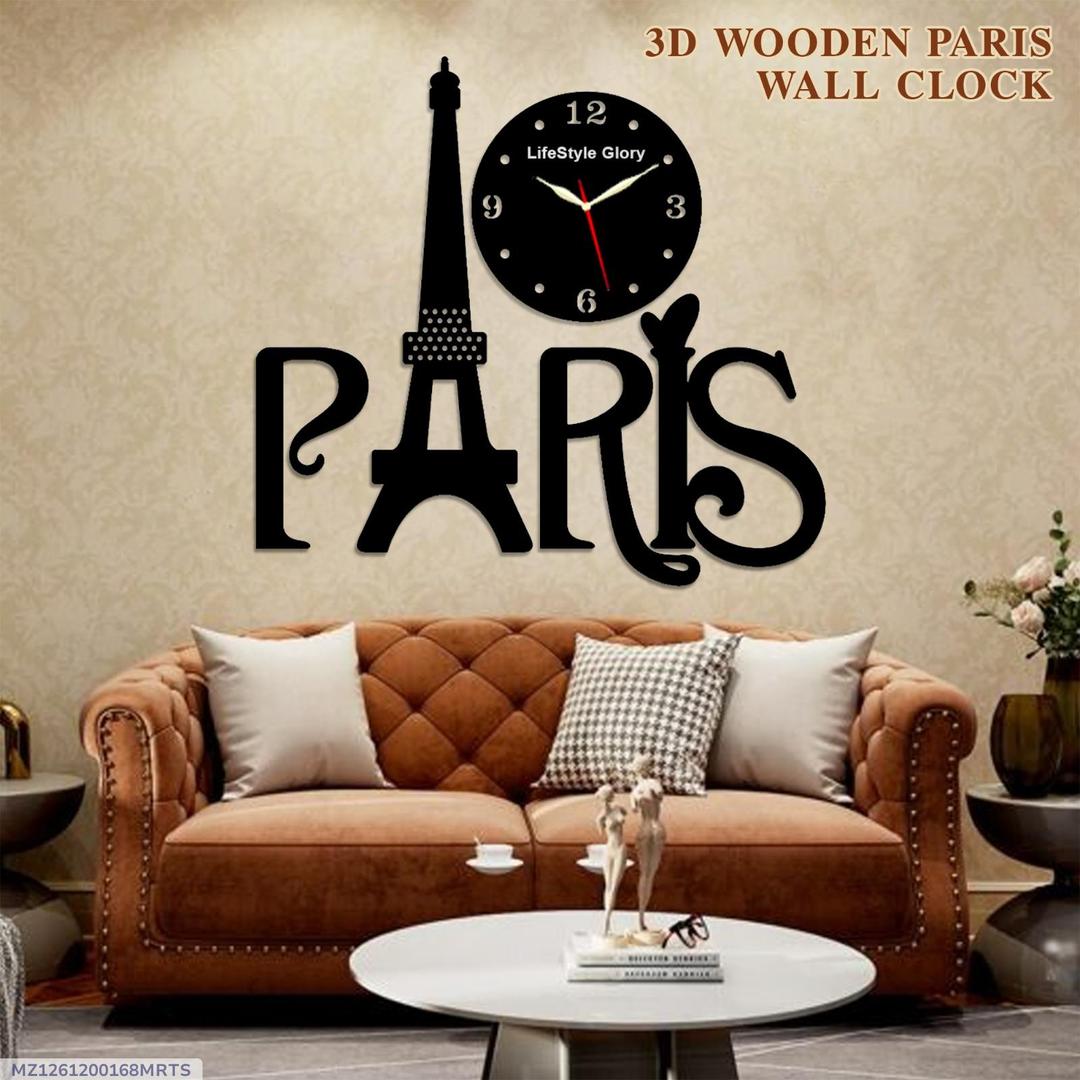 3D Wooden Paris Wall Clock Black Eiffel Tower Modern Decor
