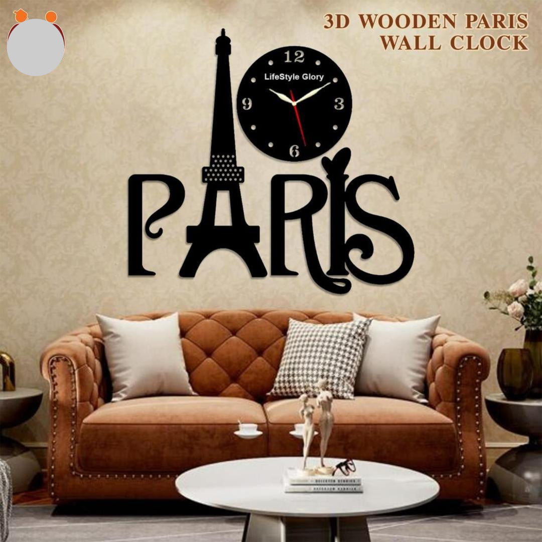3D Wooden Paris Wall Clock Black Eiffel Tower Modern Decor