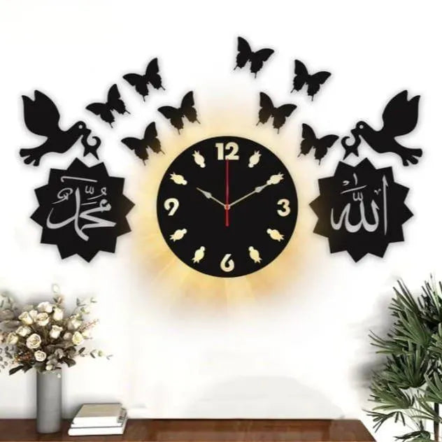 Islamic Wall Clock with Backlight & Butterflies Black MDF