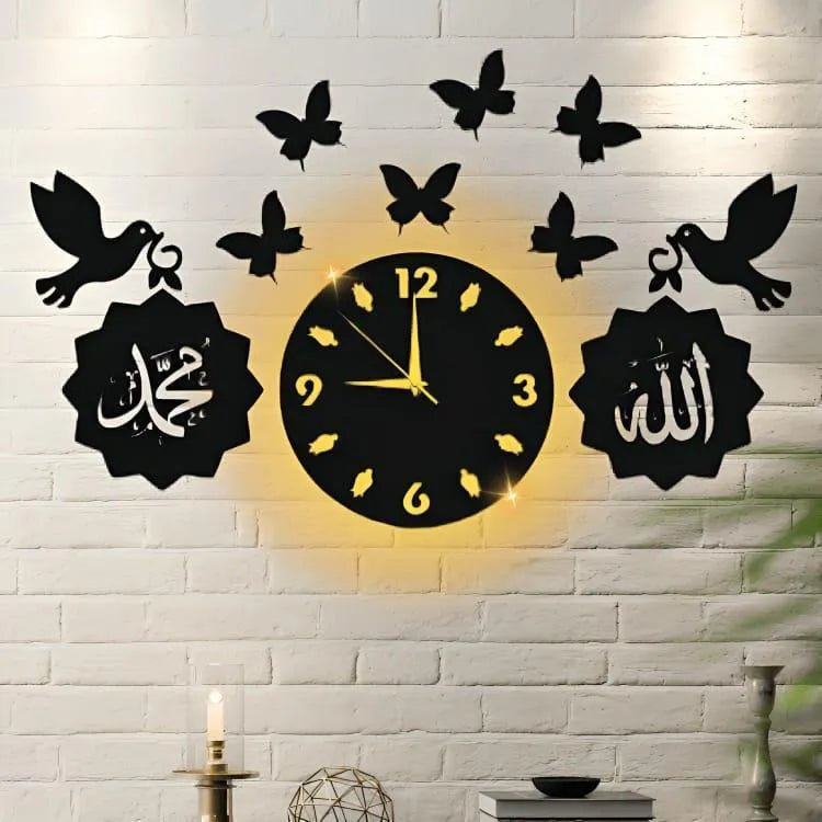 Islamic Wall Clock with Backlight & Butterflies Black MDF