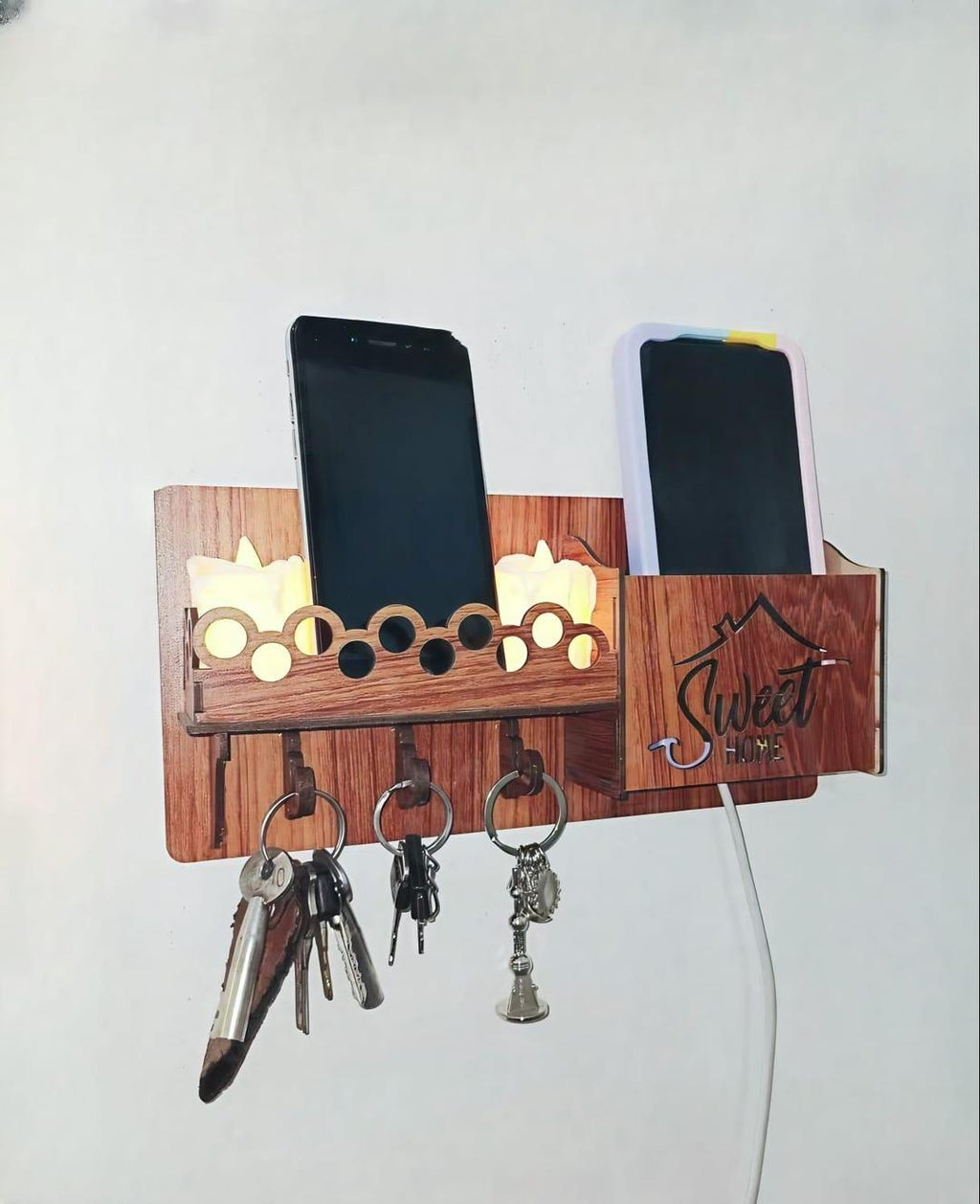Sweet Home Wall Phone & Key Holder Brown MDF