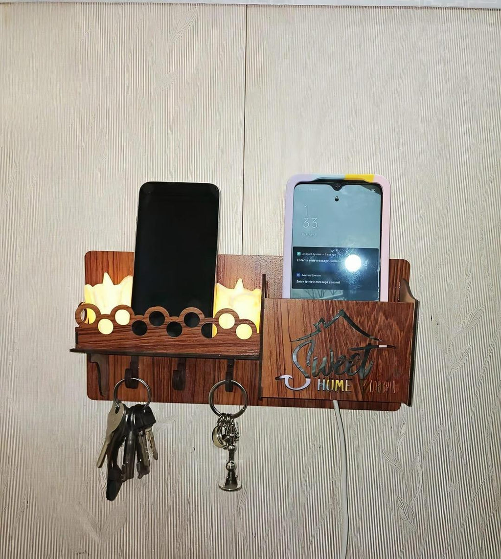 Sweet Home Wall Phone & Key Holder Brown MDF
