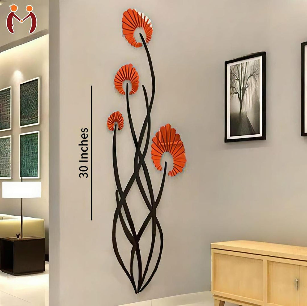 3D Wooden Wall Art Orange Flowers Black Stems 30"