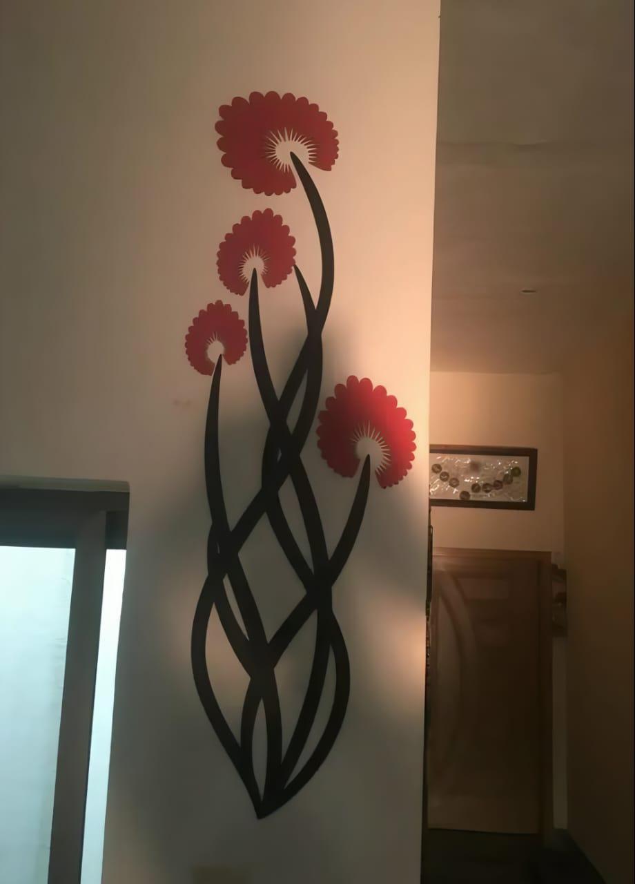 3D Wooden Wall Art Orange Flowers Black Stems 30"