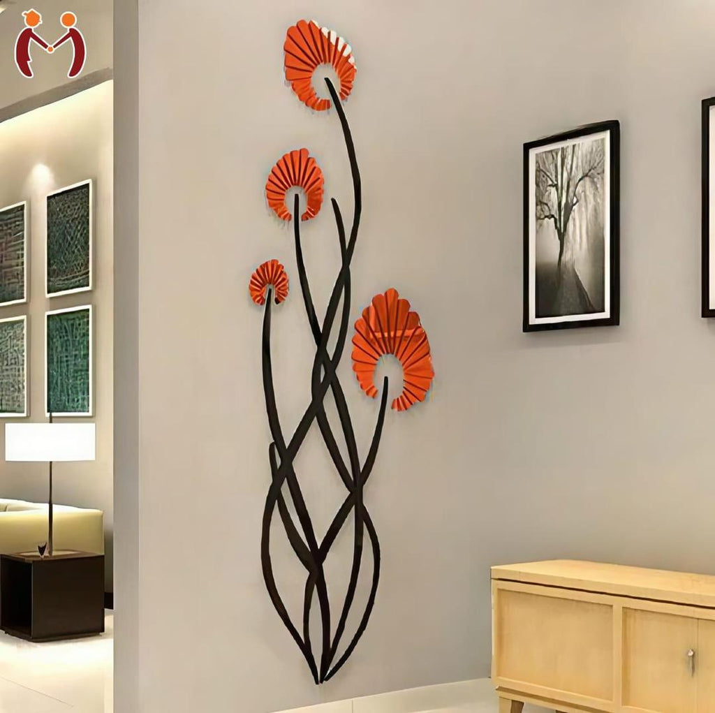 3D Wooden Wall Art Orange Flowers Black Stems 30"