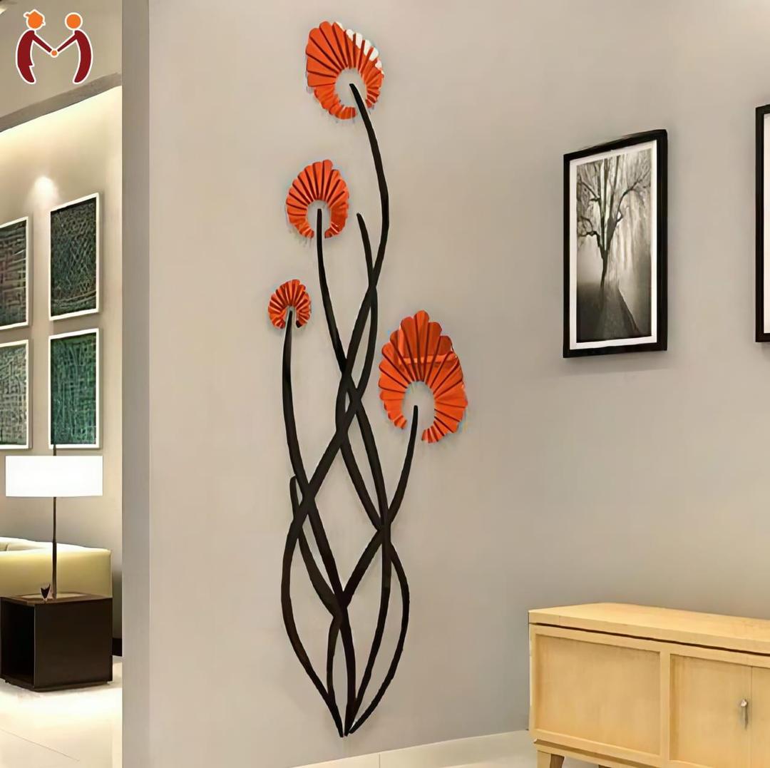 3D Wooden Wall Art Orange Flowers Black Stems 30"