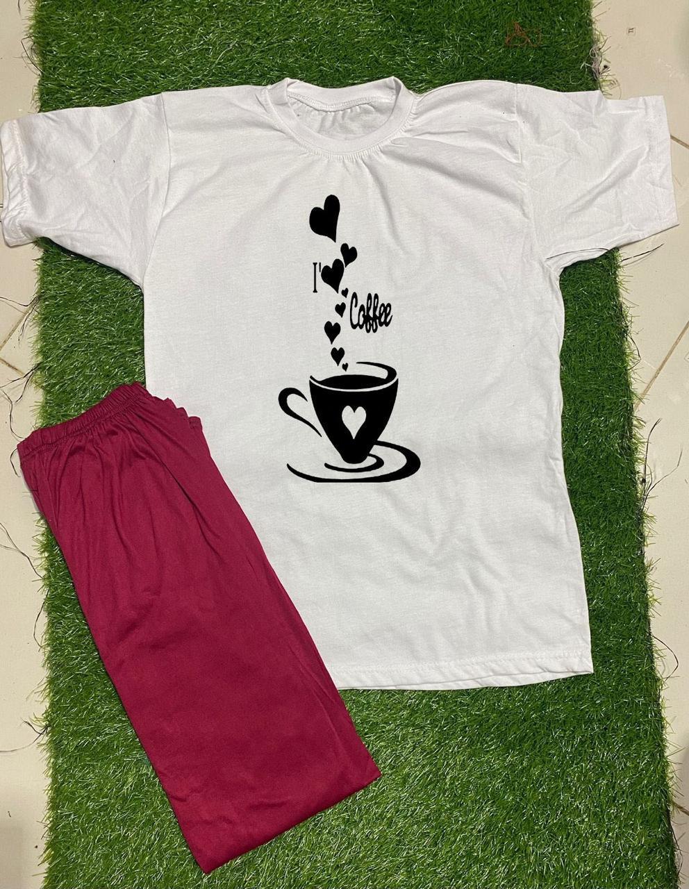 White Printed Night Suit 2 Pcs Cotton Jersey