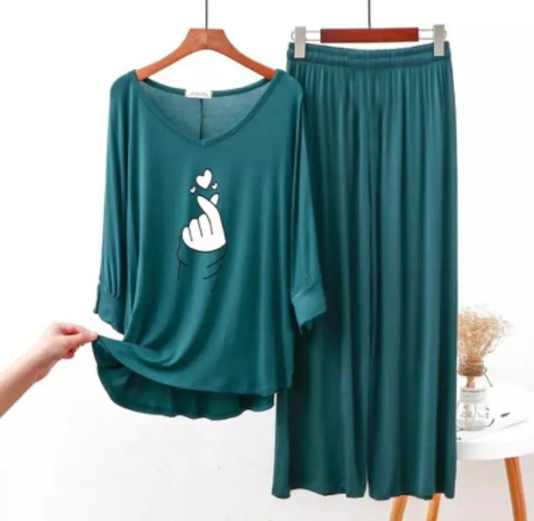 Women Printed Cotton Jersey Night Suit Green