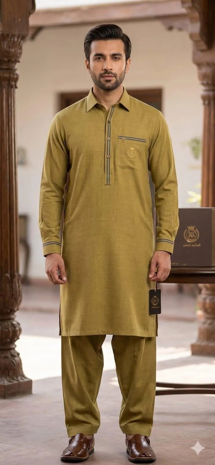 Green Khaddar Men's Suit with 8 Buttons