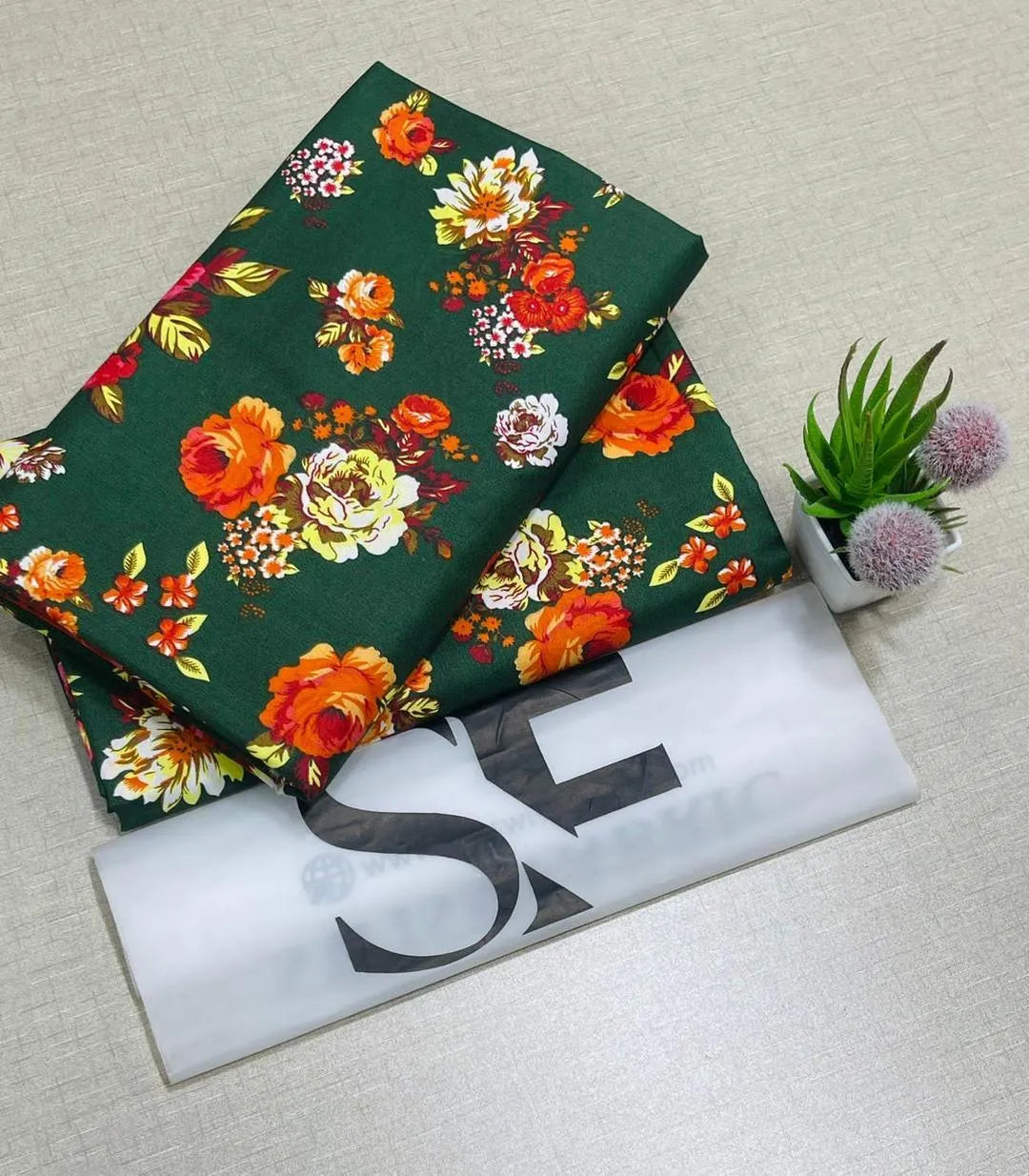 Women Floral Printed Suit Green 2.25m Cotton