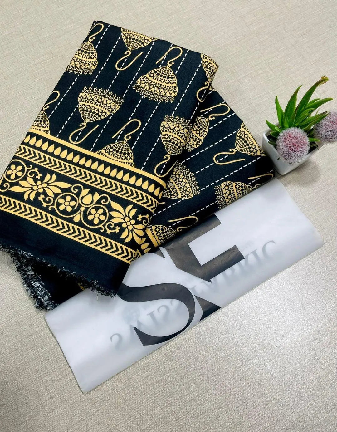 Women's Black Gold Embroidered Unstitched Suit 2.25m