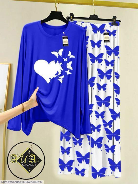 Women Night Suit Butterfly Print Cotton Jersey Blue