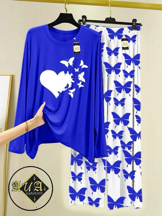 Women Night Suit Butterfly Print Cotton Jersey Blue