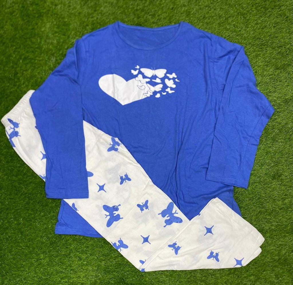 Women Night Suit Butterfly Print Cotton Jersey Blue