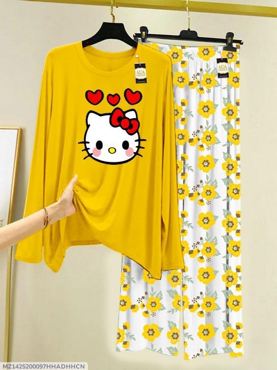 Women Hello Kitty Printed Night Suit Yellow 2 Pcs
