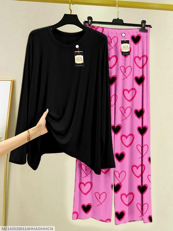 Black Cotton Night Suit with Pink Heart Print Trousers