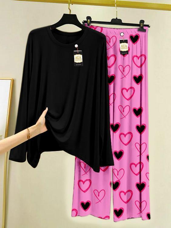 Black Cotton Night Suit with Pink Heart Print Trousers