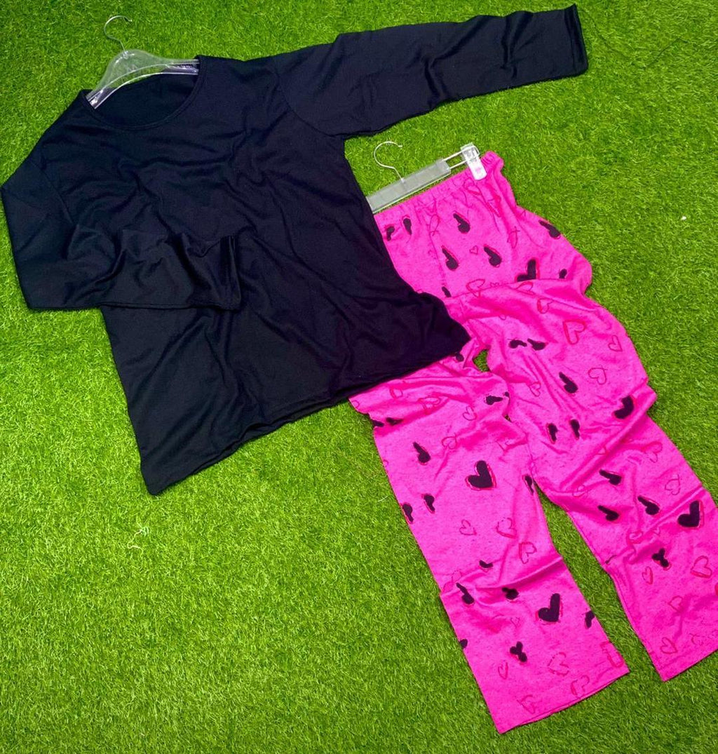 Black Cotton Night Suit with Pink Heart Print Trousers