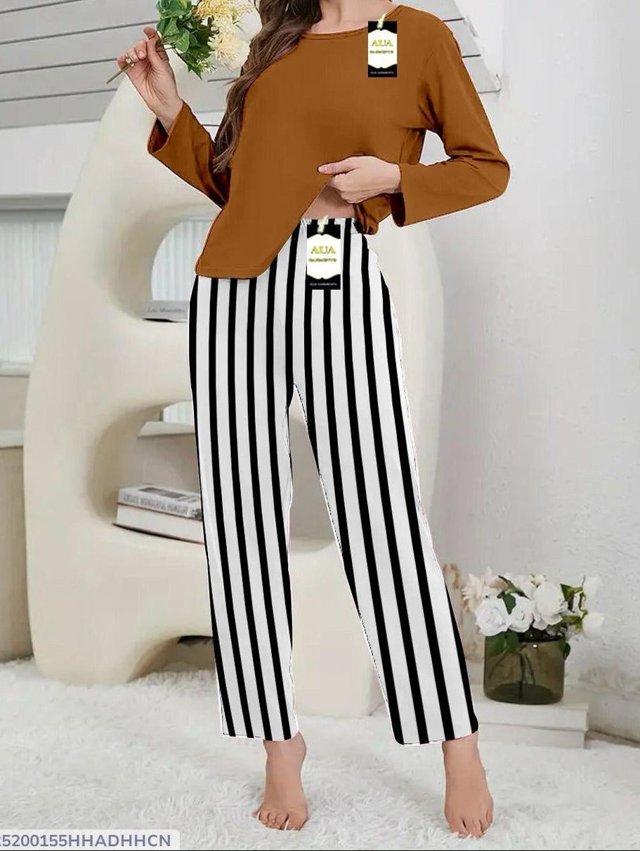 Premium Cotton Night Suit Brown Top Black Striped Trousers