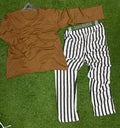 Premium Cotton Night Suit Brown Top Black Striped Trousers