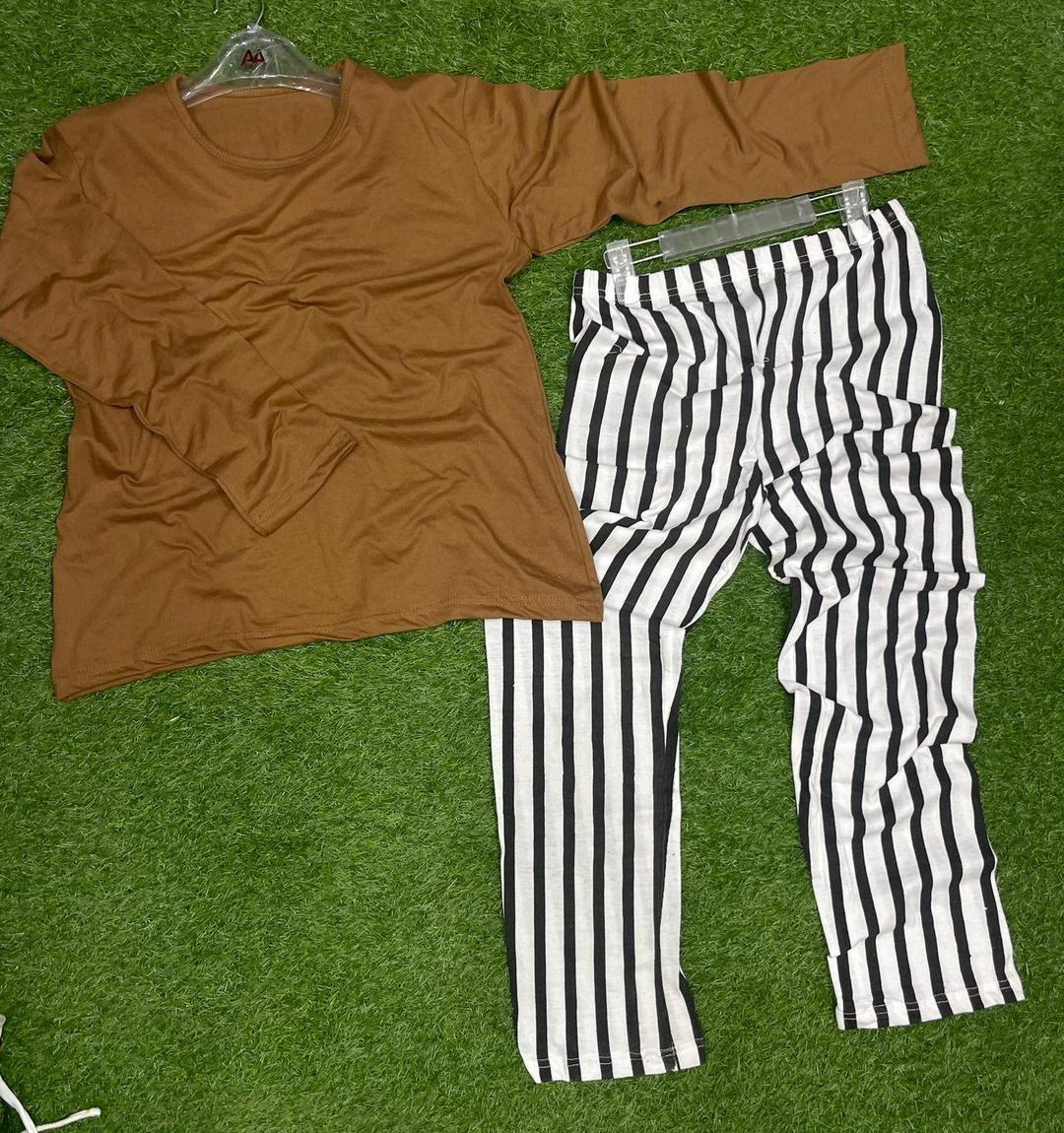 Premium Cotton Night Suit Brown Top Black Striped Trousers