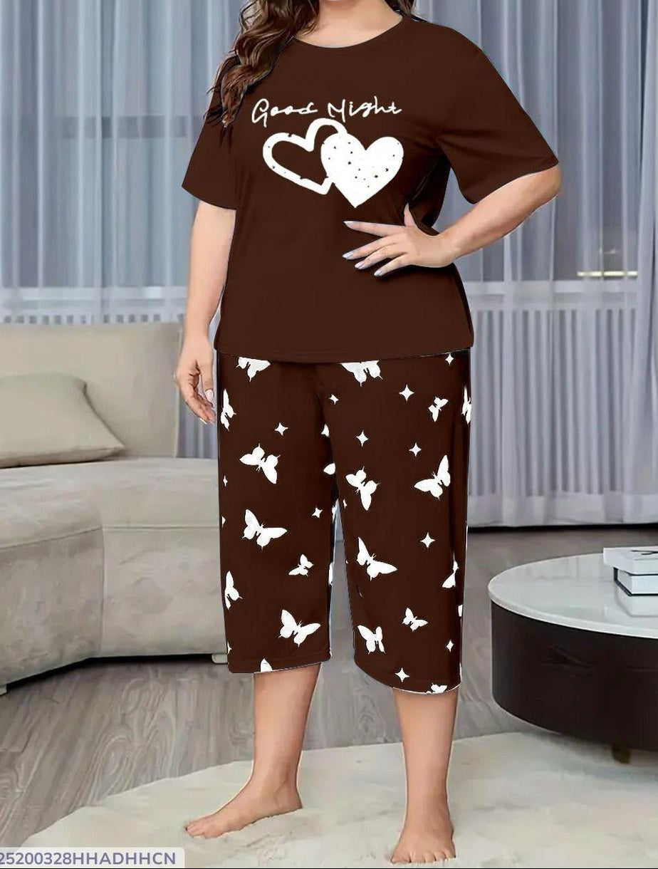 Brown Printed 2-Piece Women's Night Suit with Butterfly Capri Trouser