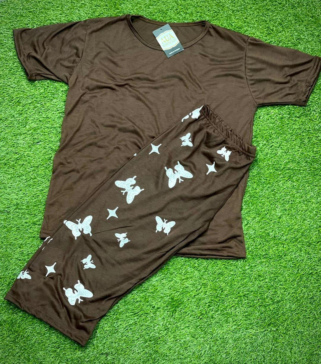 Brown Printed 2-Piece Women's Night Suit with Butterfly Capri Trouser