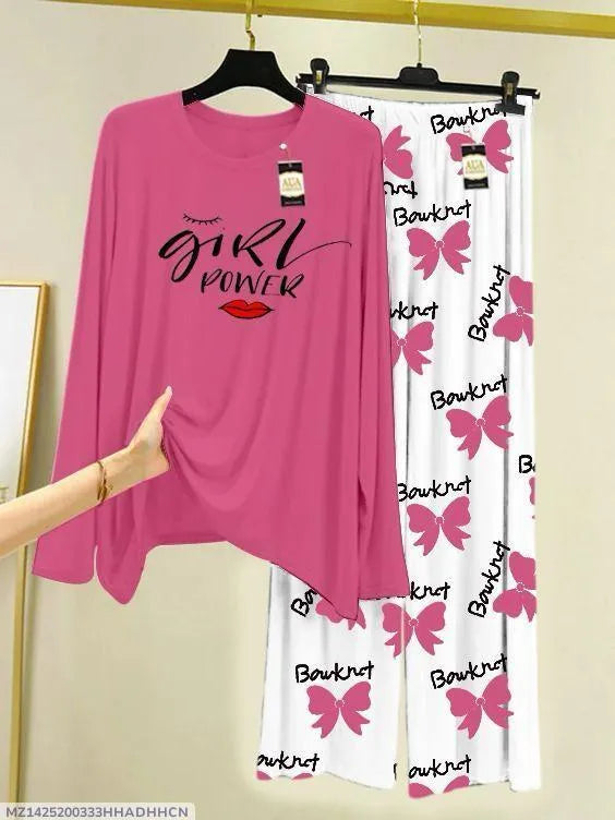 Girl Power Printed Night Suit Pink White Jersey 2 Pcs