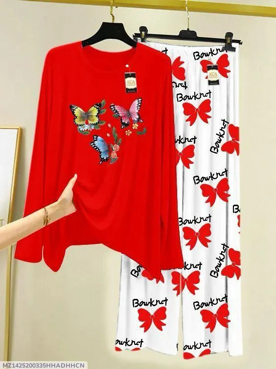 Red Butterfly Embroidered 2-Piece Night Suit for Women