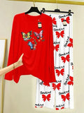Red Butterfly Embroidered 2-Piece Night Suit for Women