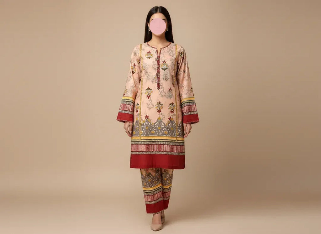 Women Unstitched Printed Suit Pink Polo Cotton 2 Pcs