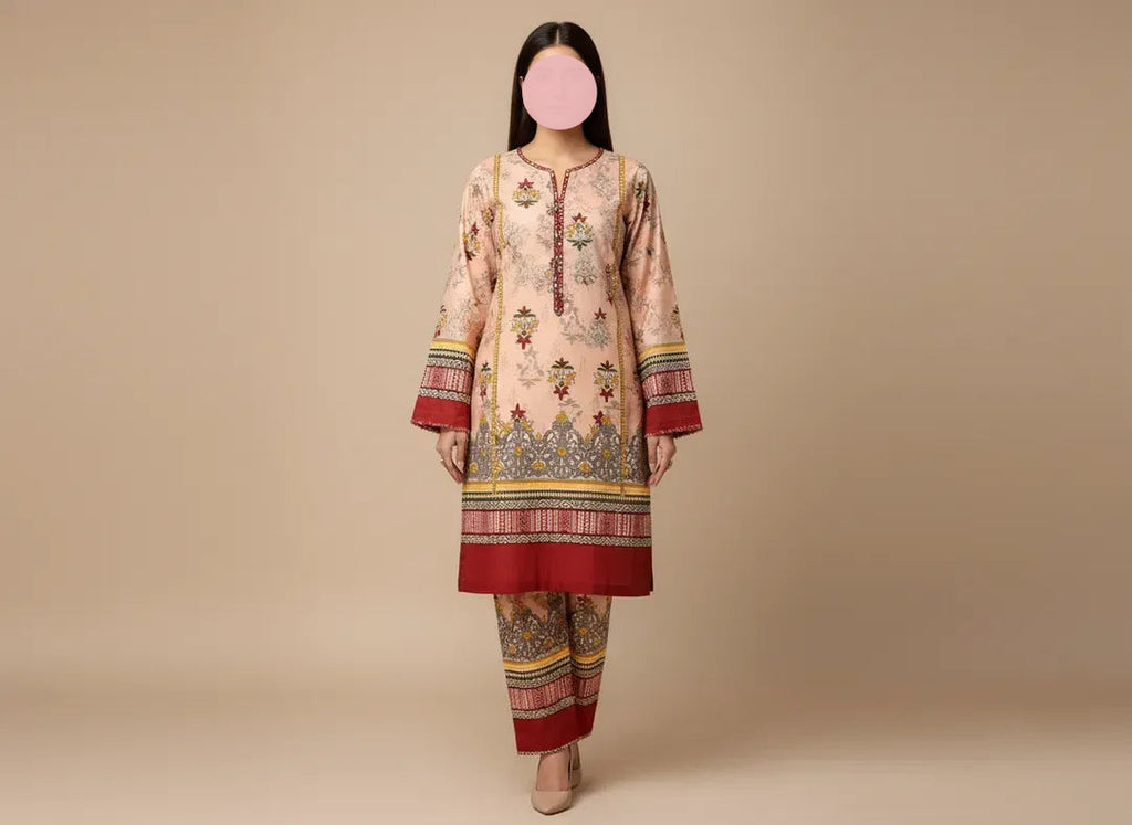 Women Unstitched Printed Suit Pink Polo Cotton 2 Pcs