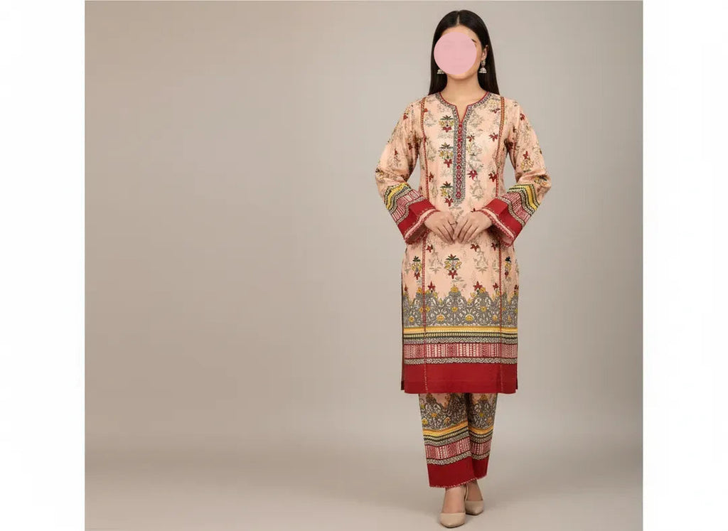 Women Unstitched Printed Suit Pink Polo Cotton 2 Pcs