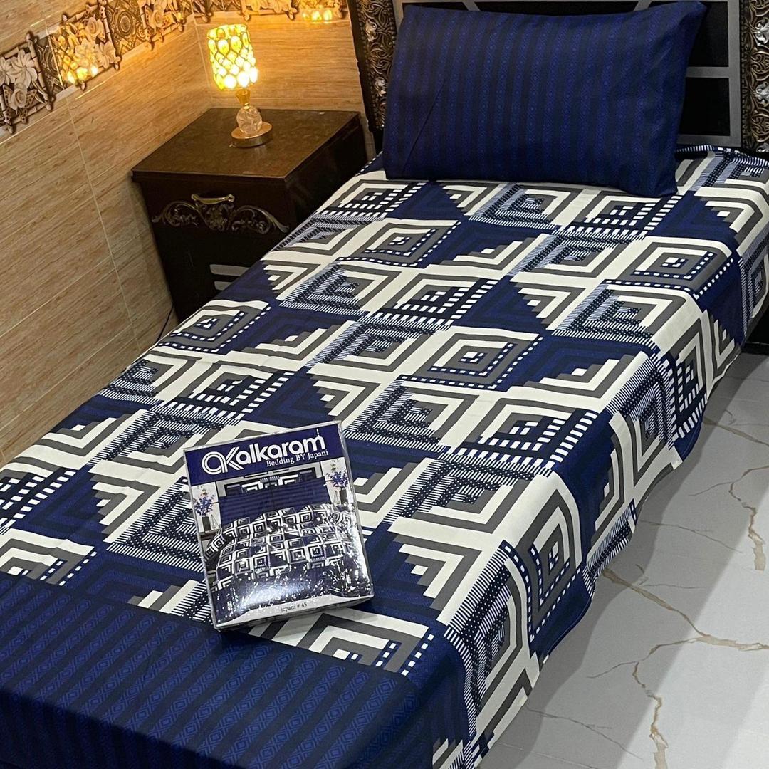 Blue Printed Single Bedsheet Set 4Pcs Cotton Mix
