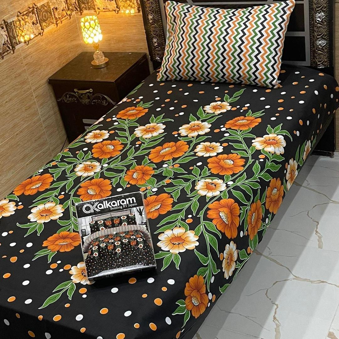 Stylish Printed Mix Cotton Bedsheet Set 4Pcs Single Bed Black