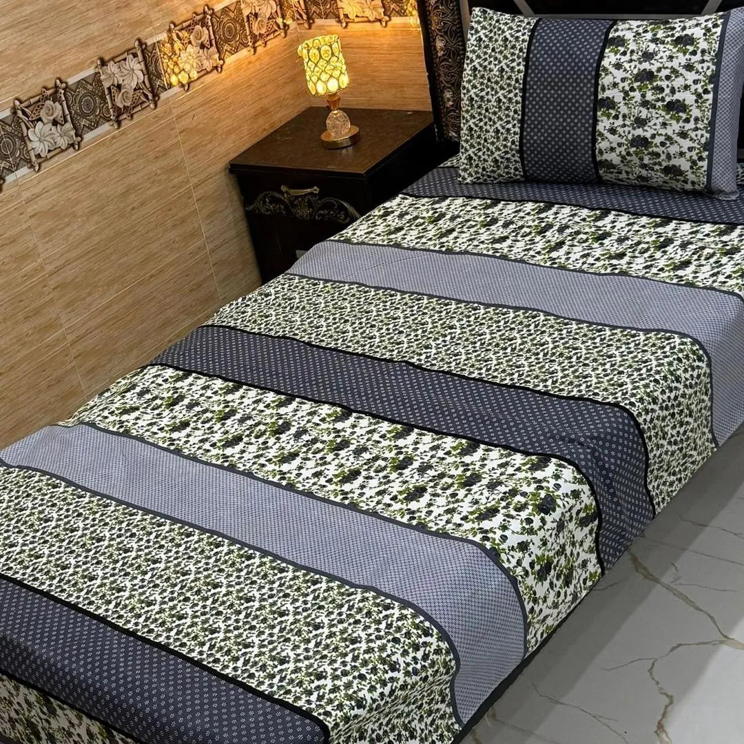 Crystal Cotton Single Bedsheet Set Grey Floral Geometric