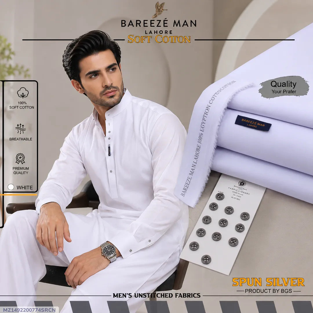 Men White Cotton Unstitched Suit Summer Eid Festive