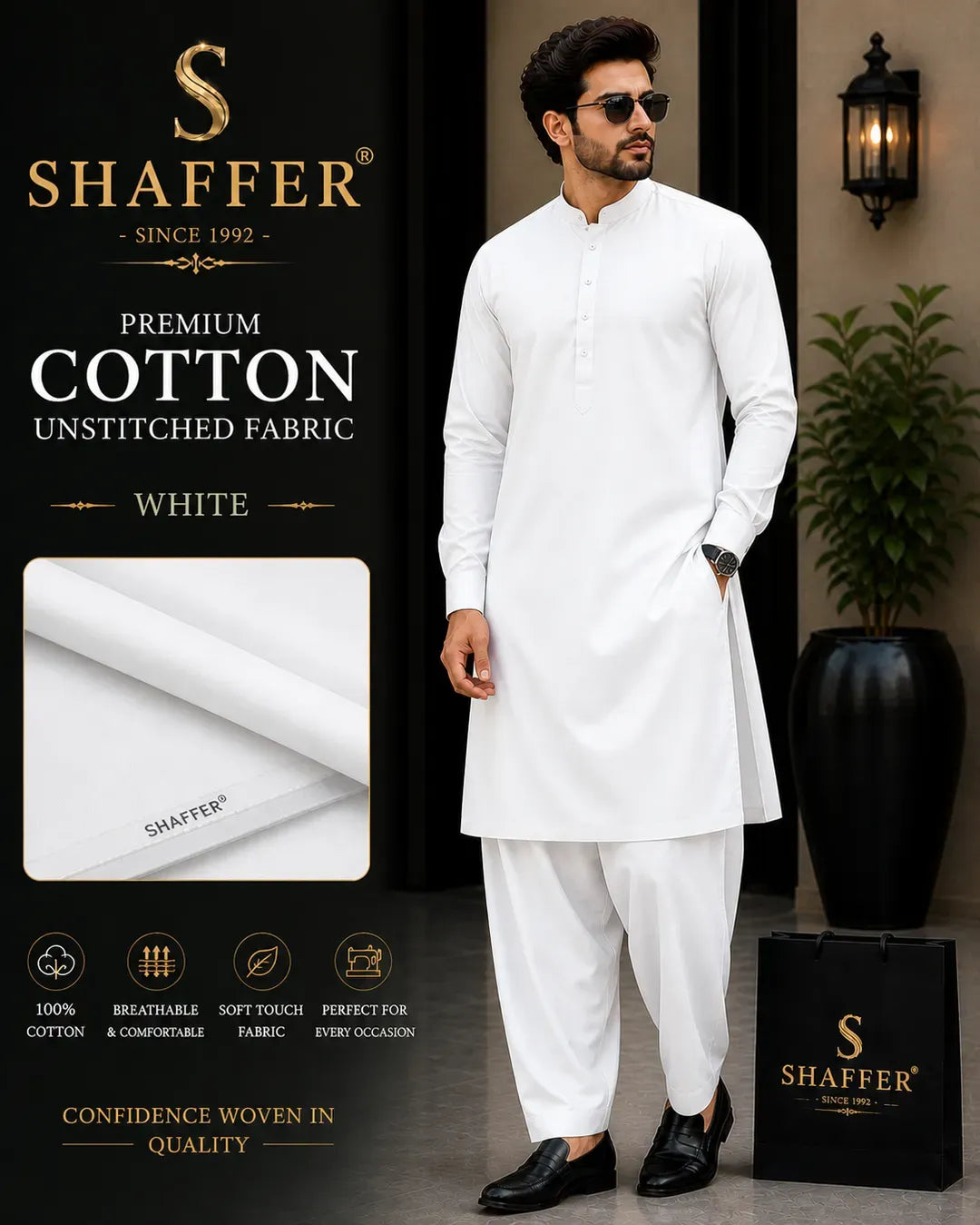 Premium Unstitched White Cotton Suit for Men