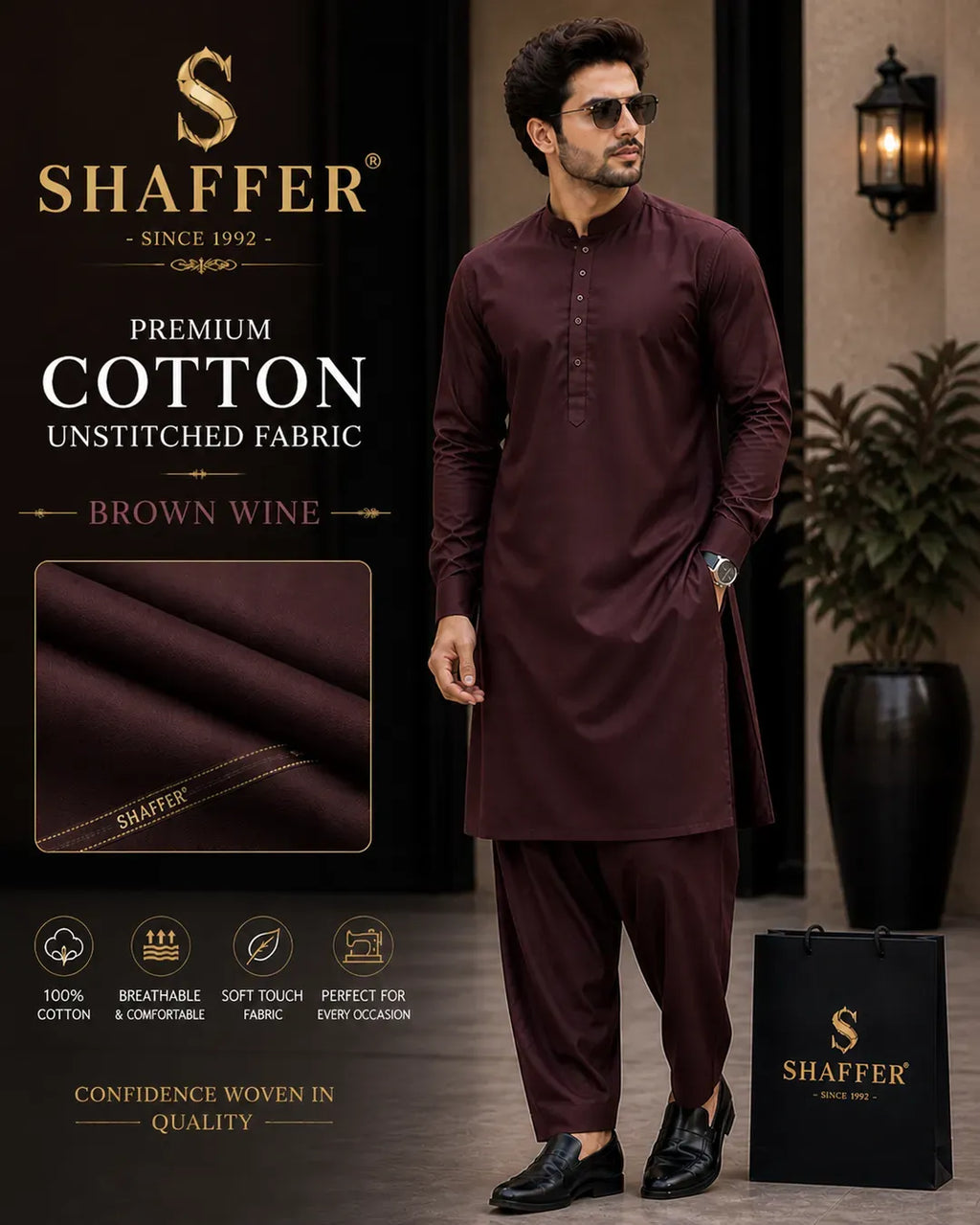Men Unstitched Cotton Suit Brown Wine Summer