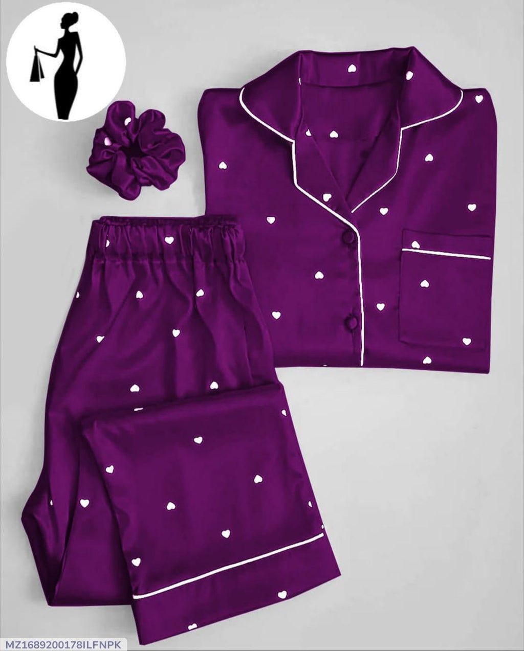 Purple Silk Night Suit with Heart Print & Hair Scrunchie