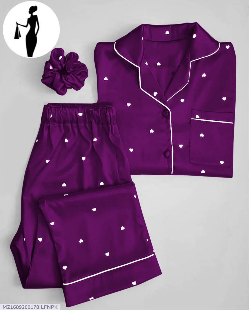 Purple Silk Night Suit with Heart Print & Hair Scrunchie