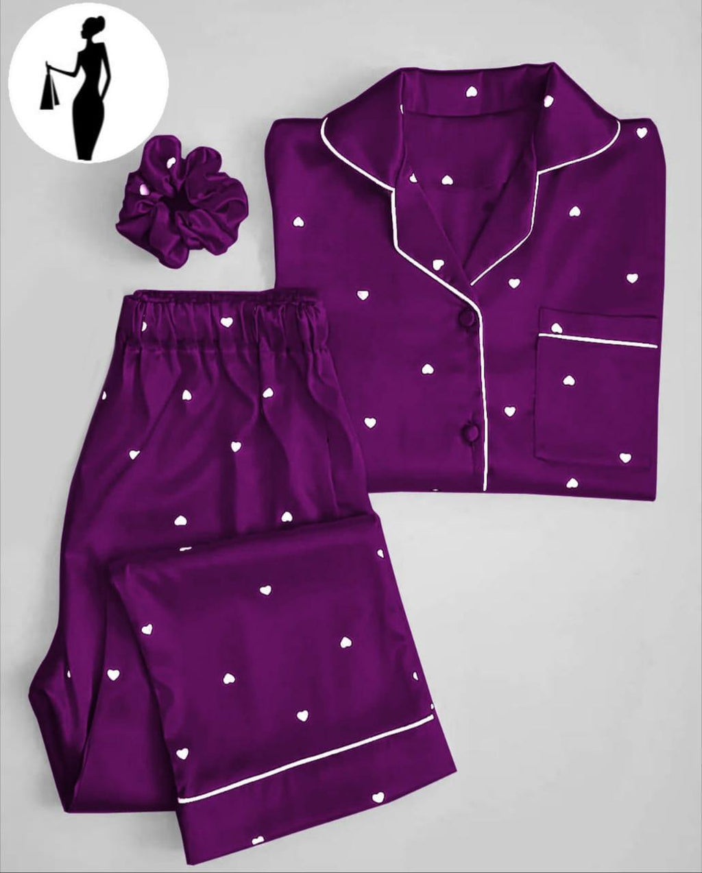 Purple Silk Night Suit with Heart Print & Hair Scrunchie